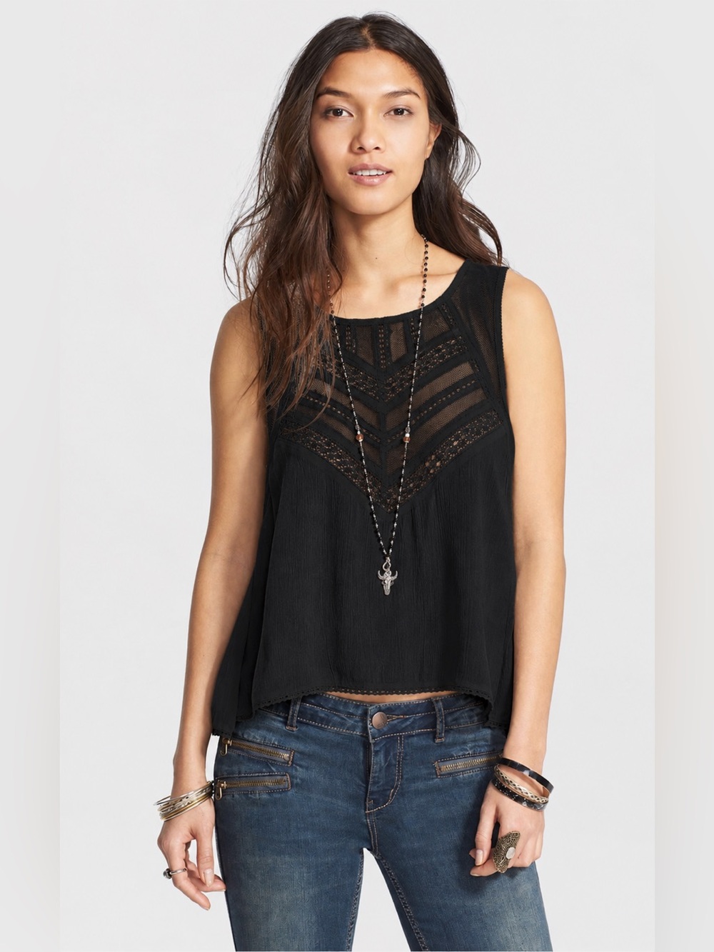 Free People Shellshock Black Lace-Inset Sleeveless Camisole